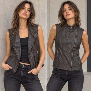 Halogen Genuine Learher Vest - Asymmetrical Zip Biker Rocker Edgy Grunge Size Sm